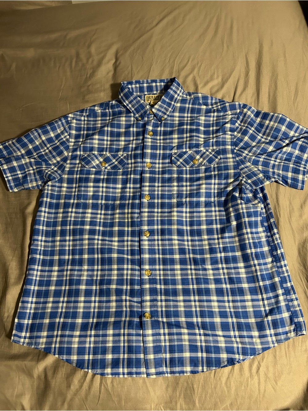 Duluth Trading Plaid Button Up Short Sleeve Shirt Work Casual Blue Size XL